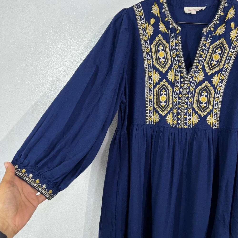 Solitaire Medium Blue‎ Embroidered Rayon Peasant Dress Bohemian Festival